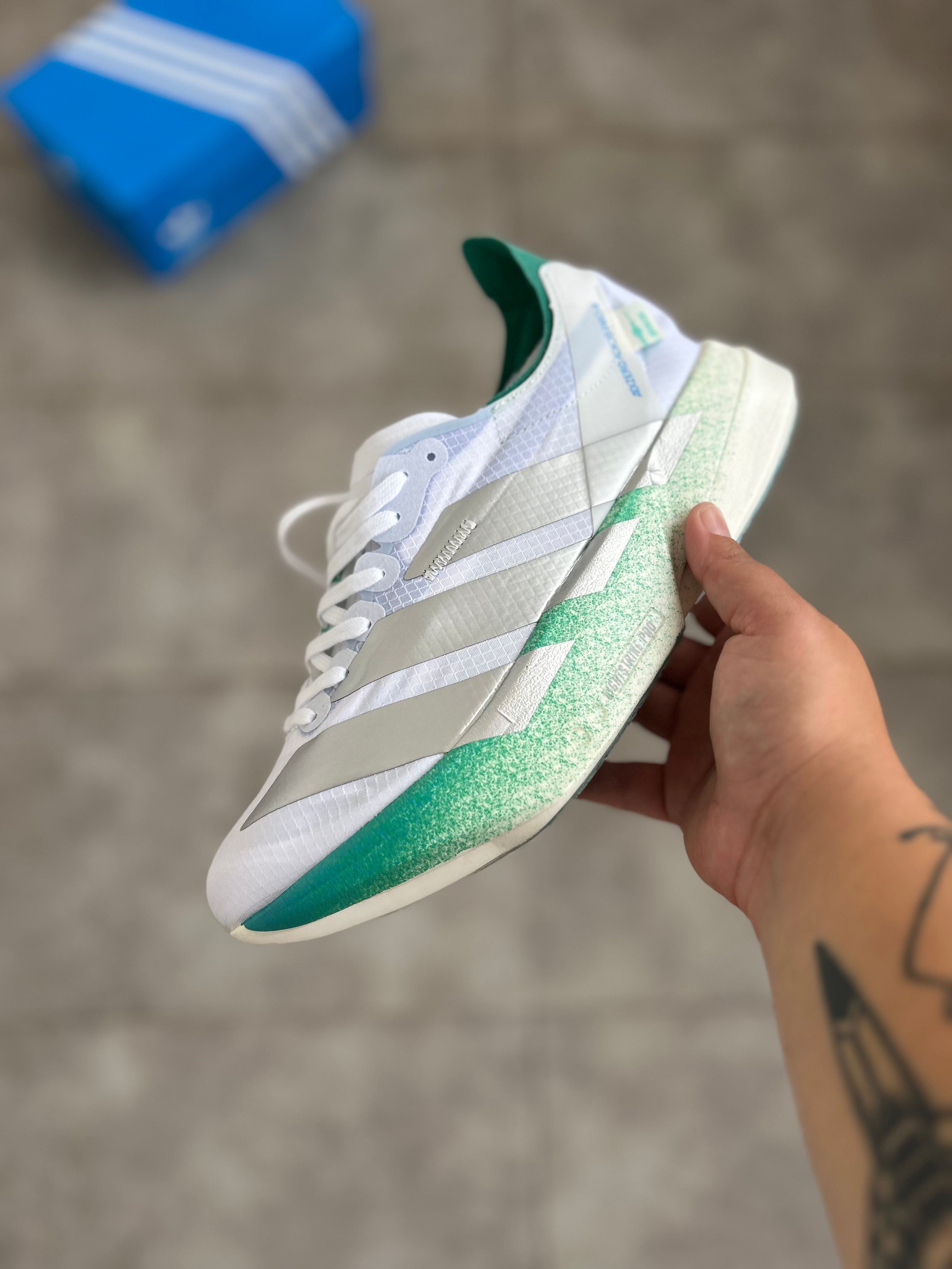 Adidas Adizero Adios Pro 4 – Cloud White / Mint Green / Blue Burst