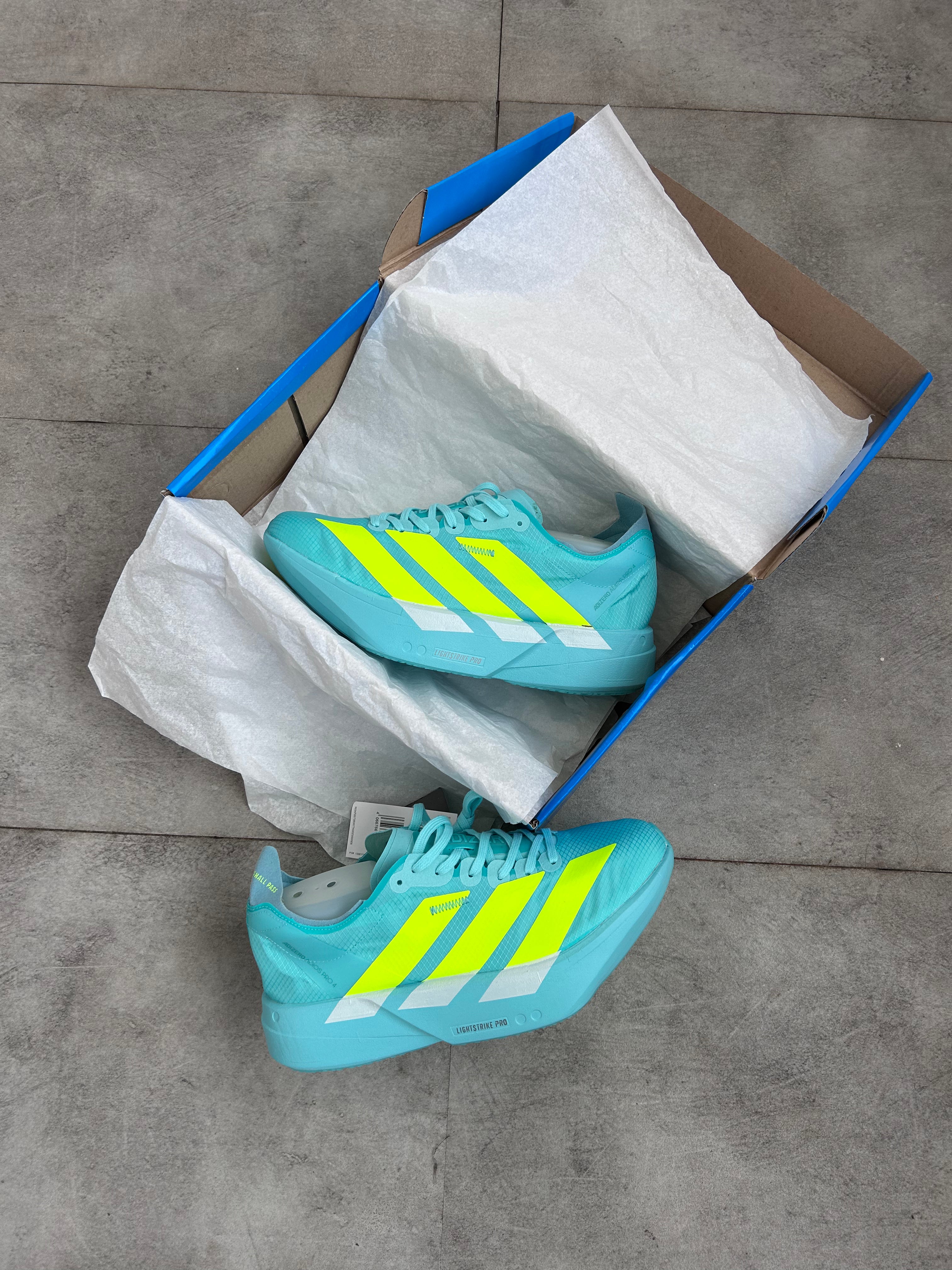 Adidas Adizero Adios Pro 4 – Halo Blue / Lucid Lemon / Cloud White